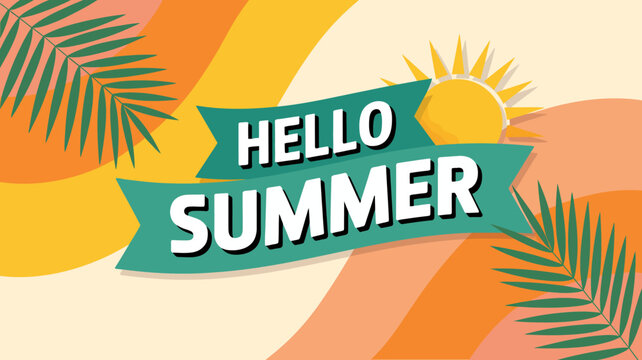 hello summer greeting card with sun and palm leaves vibrant colorful illustration