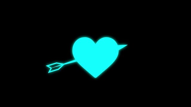 Neon cyan heart pierced by arrow animation on black background