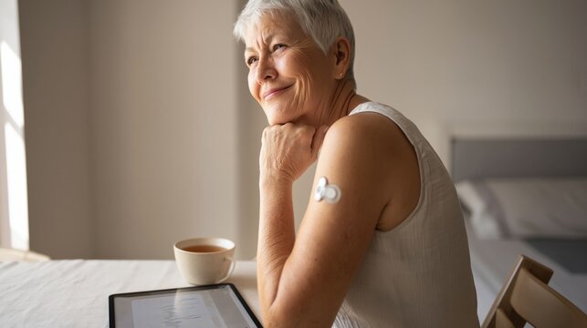 Senior woman sitting by the table at home while monitoring blood glucose on tablet with insulin patch sensor on upper arm