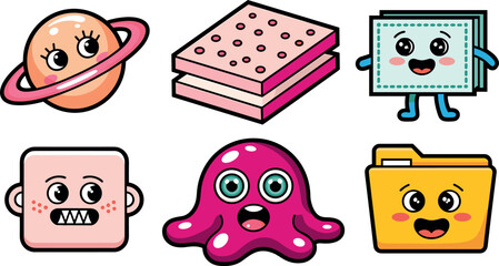 Cute kawaii style cartoon characters and emoji stickers collection vector flat illustration icons bundle set © MdMojnu