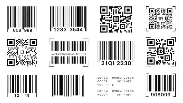 Collection of barcodes and qr codes black and white isolated on a white background