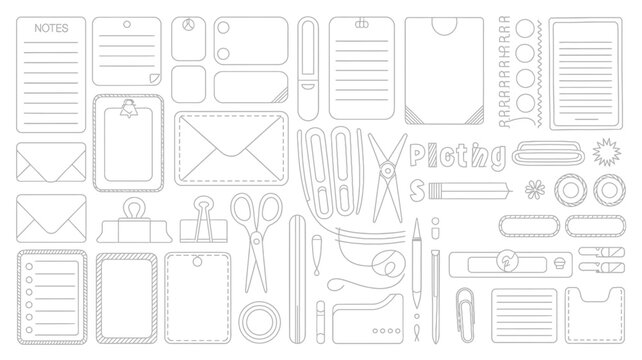 Stationery collection with notes envelopes scissors and pins in a linear style on a white background