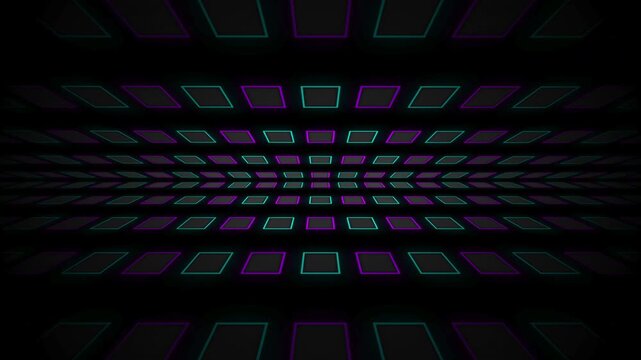 Glowing geometric tunnel with cyan and purple perspective grid, Futuristic magenta neon corridor with abstract looping rectangles 4k