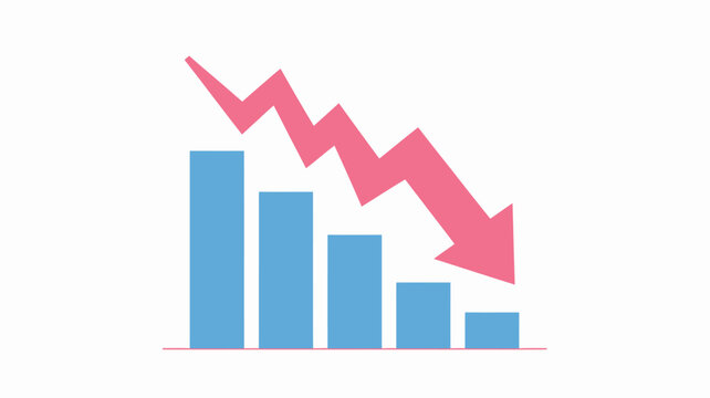 decreasing bar graph with downward arrow flat vector illustration on white background