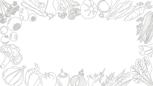 Vegetable line drawing border with carrots tomatoes broccoli and garlic on a white background