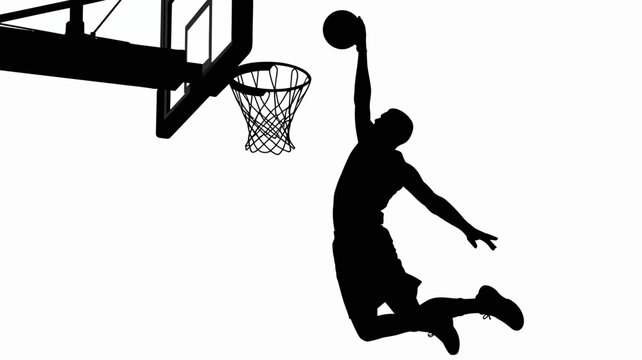 basketball player silhouette dunking towards the hoop on a white background
