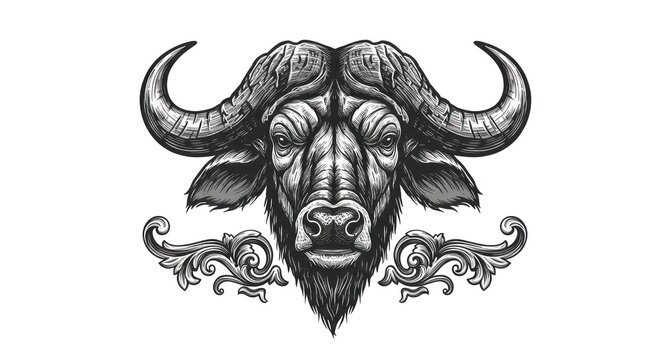 A detailed illustration of a bison's head with ornate scrollwork on either side