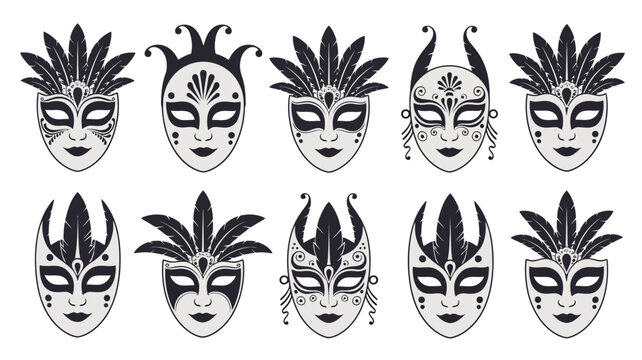 collection of twelve black venetian masks with ornate designs on a white background