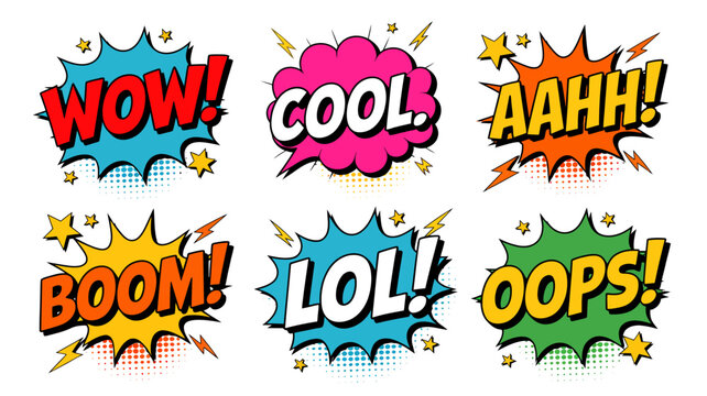 comic speech bubble set with colorful exclamations and halftone dots on white background