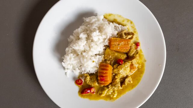 Roating Delicious Thai Yellow Chicken Curry with White Rice