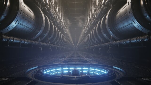 Futuristic sci-fi spaceship corridor with glowing blue light and advanced technology design, symmetrical tunnel in space station