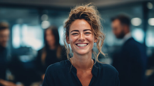 Female diversity. Human rights, equal opportunity concept. A portrait of a woman with a radiant smile, captured in a candid moment. She wears a dark blue blouse and her hair is styled in a messy bun.