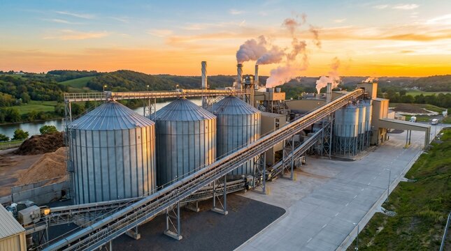 Biomass Energy Facility at Sunset with Large Industrial Storage Silos