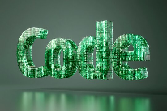 Floating 3D &ldquo;Code&rdquo; text rendered with clean sharp edges and glowing effects.