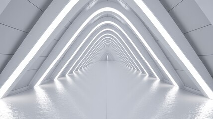 Fototapeta premium Futuristic white tunnel with arched LED lighting designed for modern architectural and technological environments