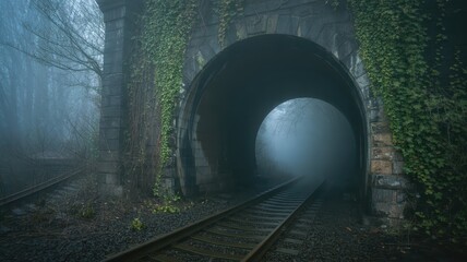 Naklejka premium Foggy railway tunnel in a lush green forest with moss-covered stone arches and misty atmosphere