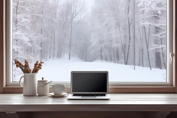 Fototapeta premium Laptop and coffee cup on a window sill overlooking a tranquil snow covered forest during winter