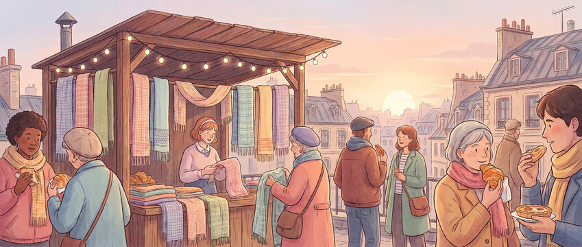 Young vendor and customers wearing scarves buy croissants at a wooden rooftop stall at sunset with parisian roofs in background cozy community market atmosphere