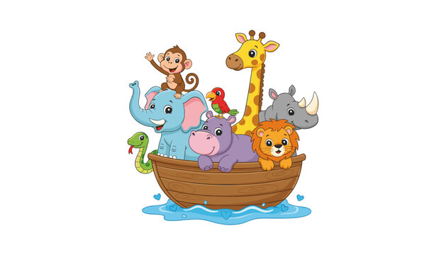 Cartoon animals on Noah's Ark, colorful illustration