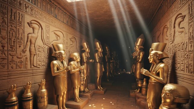 Ancient Egyptian Museum Hall with Golden Statues and Hieroglyphic Wall Carvings