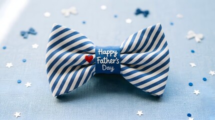 Obraz premium Blue and white striped bow tie gift box with Happy Father's Day message on snowy background