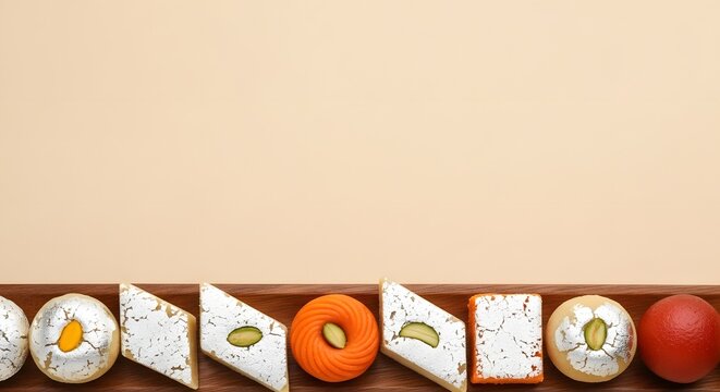 Indian Festival Poster Background Featuring Assorted Traditional Mithai with Silver Varak and Ample Copy Space.