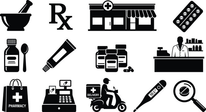Pharmacy and Drugstore Icon Set with Pharmacist Counter, Prescription RX, Medicine Bottles, Pill Blister Pack, and Home Delivery Symbols for Healthcare Designs