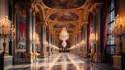 Naklejka premium Grand Palace Hall Interior with Ornate Decor Elegant Columns and Chandeliers for Luxury Event Venue