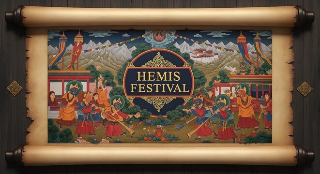 Hemis Festival Poster Background featuring traditional Tibetan Buddhist Cham dancers, monks, and ritual instruments in a vibrant mountain landscape.