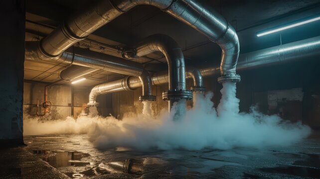 Industrial piping system in a factory with steam emissions and metal ducts under artificial lighting