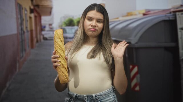 Young woman holding baguette with bare hand waves palm beside dumpster on narrow street near building entrance; indifference.