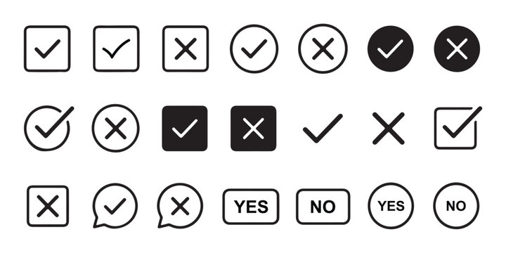 Check tick mark icon set, hand drawn cross box x check mark checkbox v, sketch marker checklist symbol right and wrong set, brush marker checklist symbol, Hand drawn doodle vote yes no. EPS 10. 