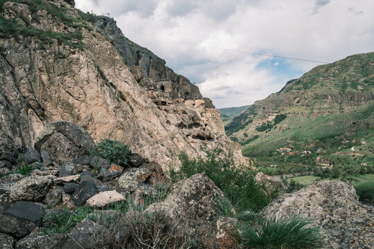 Vardzia cave monastery, Georgia. Spectacular ancient holy site carved into Erusheti Mountain slopes above the winding Mtkvari River