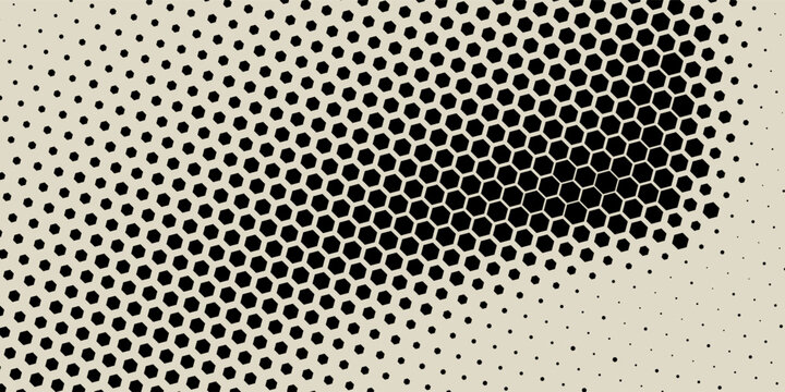 Minimal monochrome geometric background featuring a flexible hexagon halftone pattern. Dynamic wave oscillation and subtle gradient transition vector for modern retro tech banner.