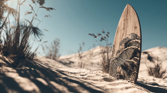 Wooden surfboard with wave art resting on a sandy beach