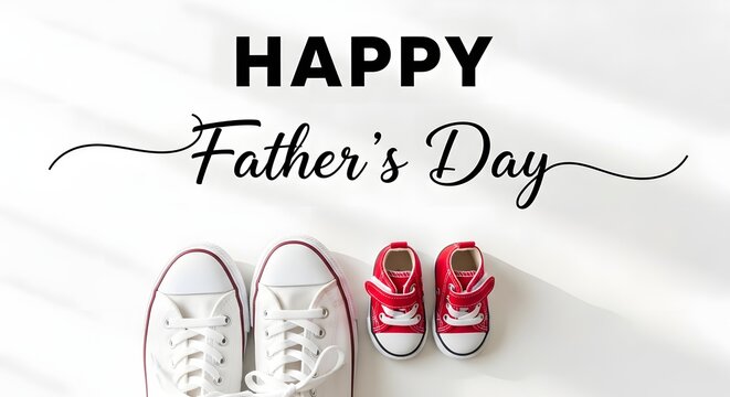 Happy father's day greeting with casual sneakers on white fabric background