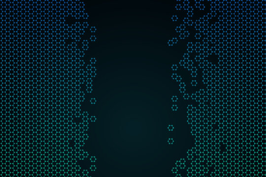 Glowing hexagonal grid pattern with gradient blue-green hue on dark background, honeycomb pattern