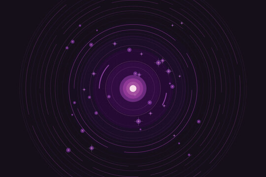 Purple orbiting celestial bodies and starbursts on dark background, abstract circles cosmos