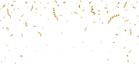 Obraz premium Elegant golden metallic confetti and curling ribbon streamers floating across a clean light background with spacious copy space. Perfect for luxury celebrations, wedding invitations, New Year template