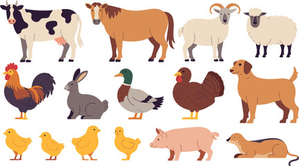 Fototapeta premium Domestic livestock farm animals and poultry birds collection vector cartoon flat illustration icons set