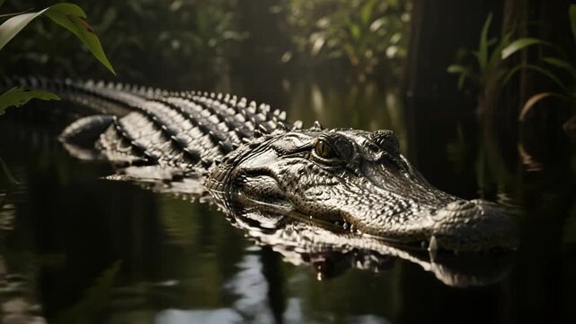 Closeup of an alligator swimming in a dark swamp