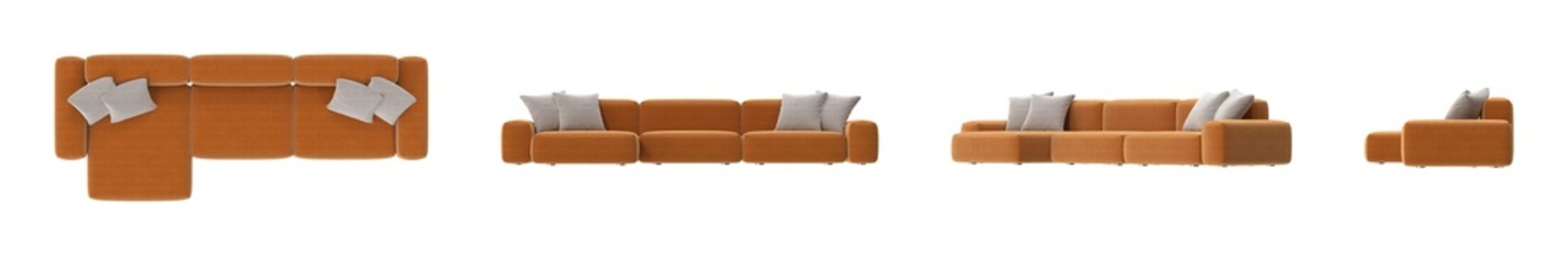 Modern modular sectional sofa in vibrant orange fabric with light gray cushions
