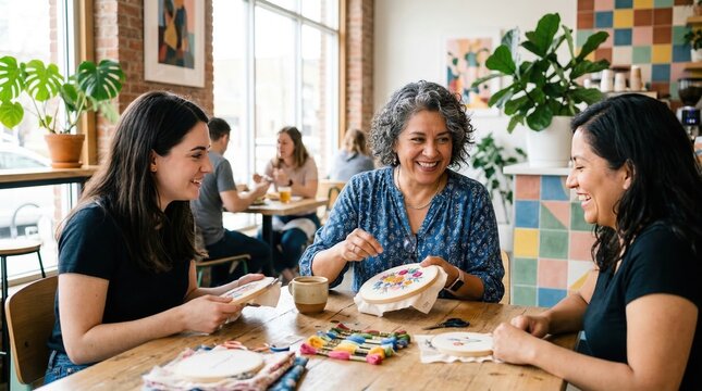 Diverse group of women doing embroidery at a wooden table in a bright cafe. Multigenerational friends enjoying a creative crafting workshop together. Smiling mature and young adults sewing
