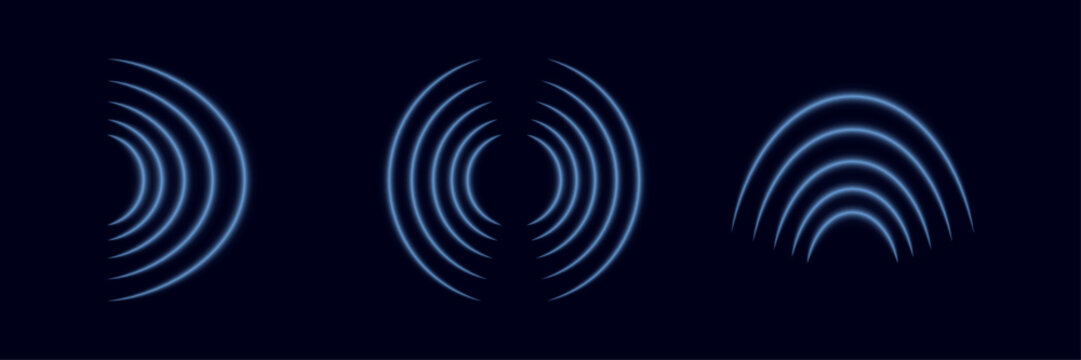 Set of neon blue abstract circular wave audio signal patterns on dark background