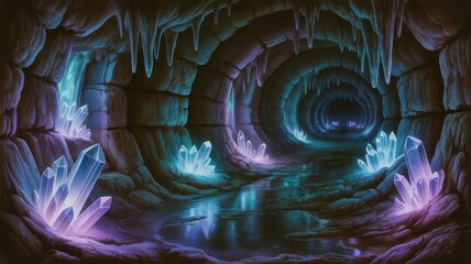 Obraz premium Enchanting underground cave with glowing crystals, stalactites, stalagmites, and reflective water surface illuminated by colorful lights