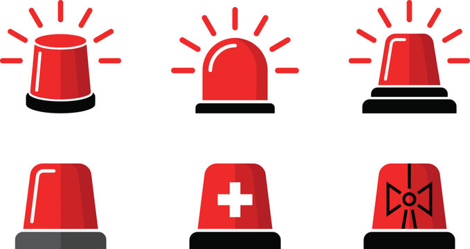 Red emergency flasher siren beacon light vector icon set for police ambulance and fire truck