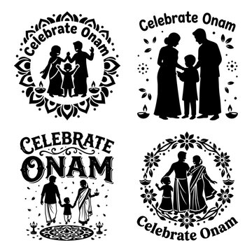 Celebrate Onam family silhouette and cultural festival badges