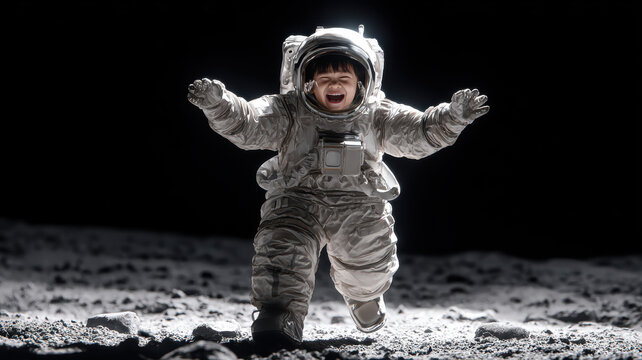 Space universe exploration, fantasy. A dramatic, highresolution photograph of an astronaut in a dynamic pose on the moons surface. The astronaut wears a fullbody spacesuit with a helmet, gloves.
