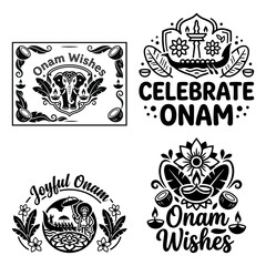 Fototapeta premium Onam wishes lamp pookalam and boat greeting labels