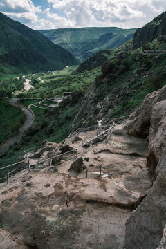 Vardzia cave monastery, Georgia. Spectacular ancient holy site carved into Erusheti Mountain slopes above the winding Mtkvari River
